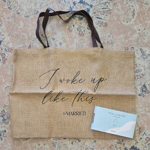 Miss To Mrs Tan Jute Tote Bag "I WOKE UP LIKE THIS #MARRIED" 21.5"w X 15.5"t NEW